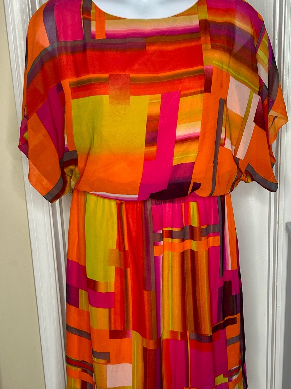 Shelby & Palmer Orange, Pink & Yellow Geometric Maxi Dress